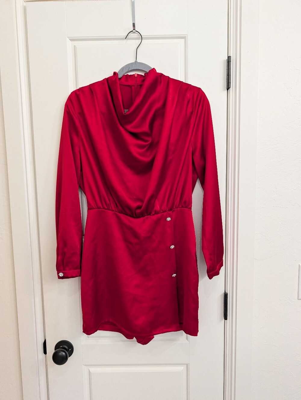 Zara Red Satin Long-Sleeve Mini Dress with Draped Neck And Rhinestones